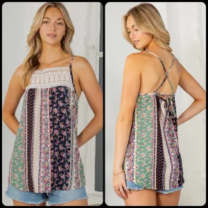 Lace Trim Detailed Woven Top With Adjustable Spaghetti Cross Back Tie