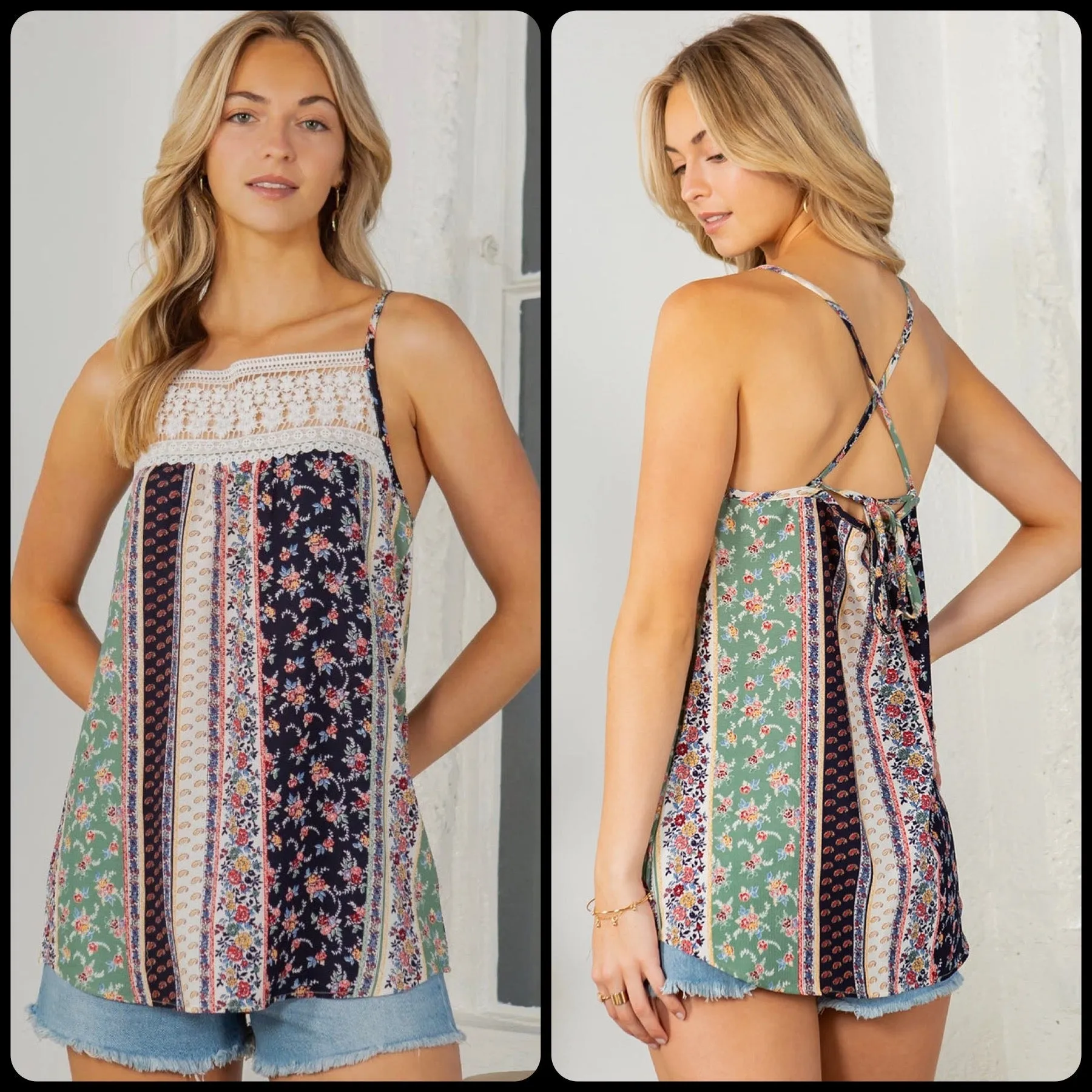 Lace Trim Detailed Woven Top With Adjustable Spaghetti Cross Back Tie