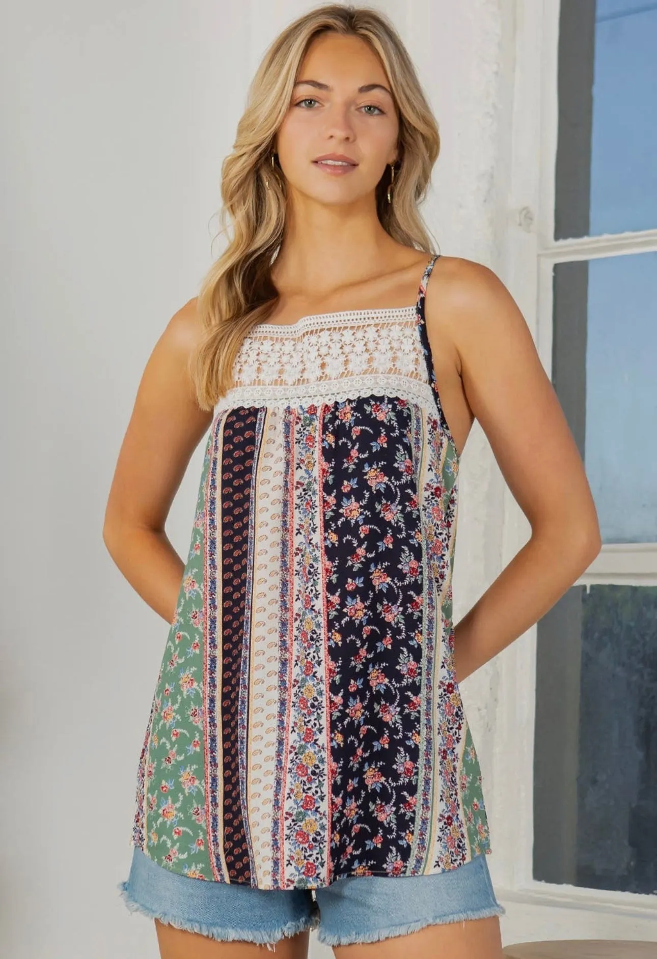 Lace Trim Detailed Woven Top With Adjustable Spaghetti Cross Back Tie