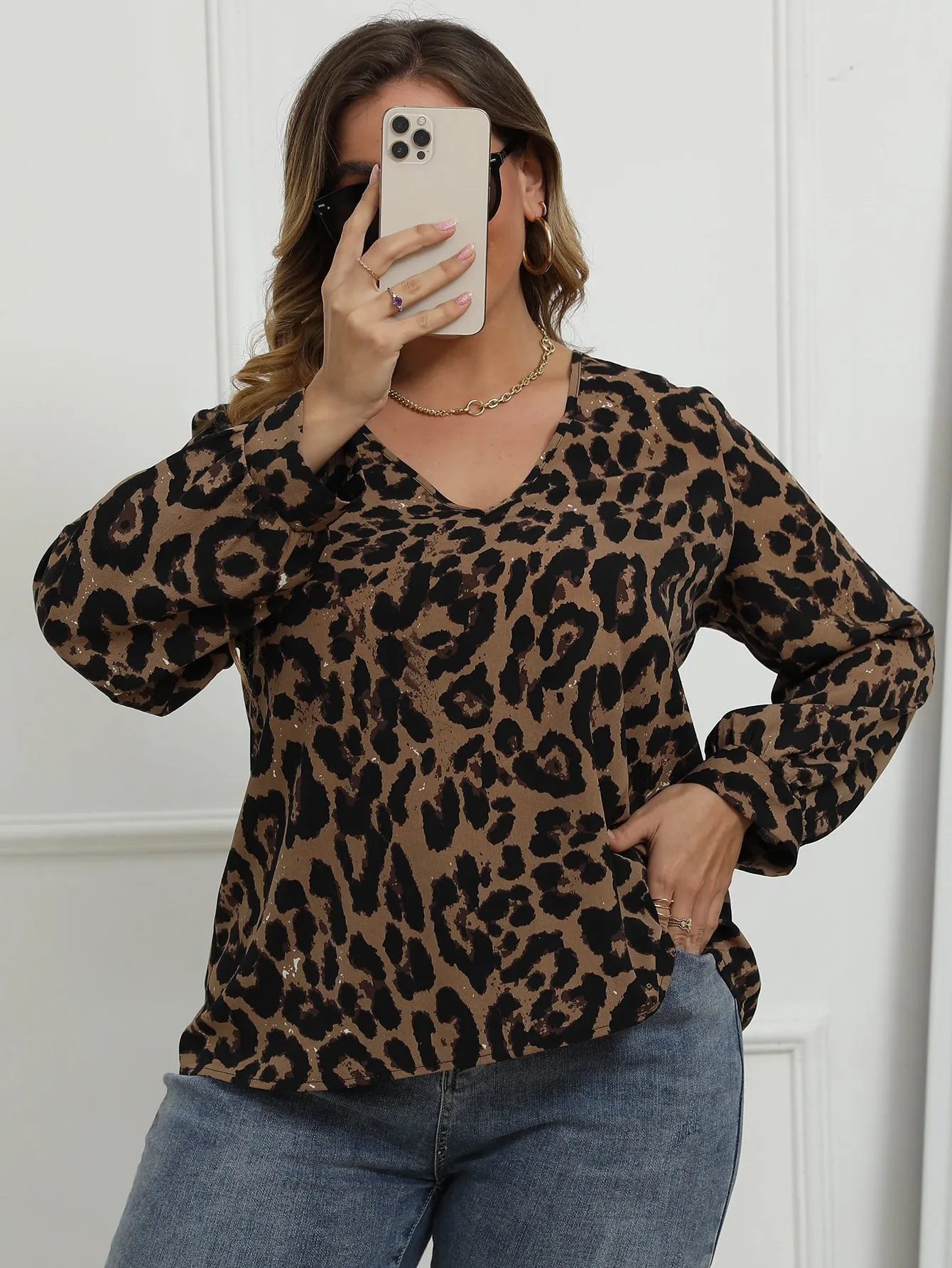 Leopard Contrast Lace Long Sleeve V Neck Regular Plus Size Blouse