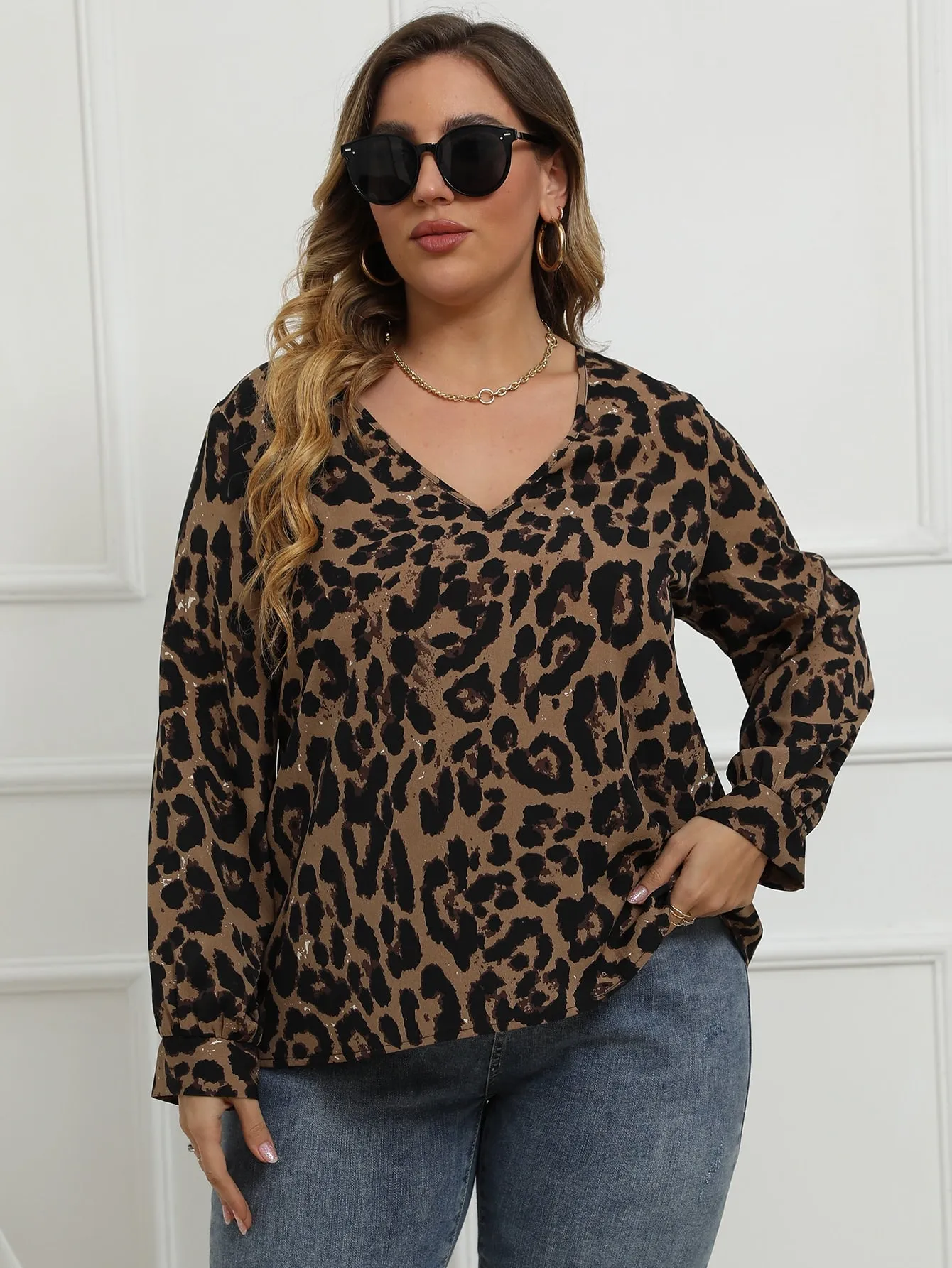Leopard Contrast Lace Long Sleeve V Neck Regular Plus Size Blouse