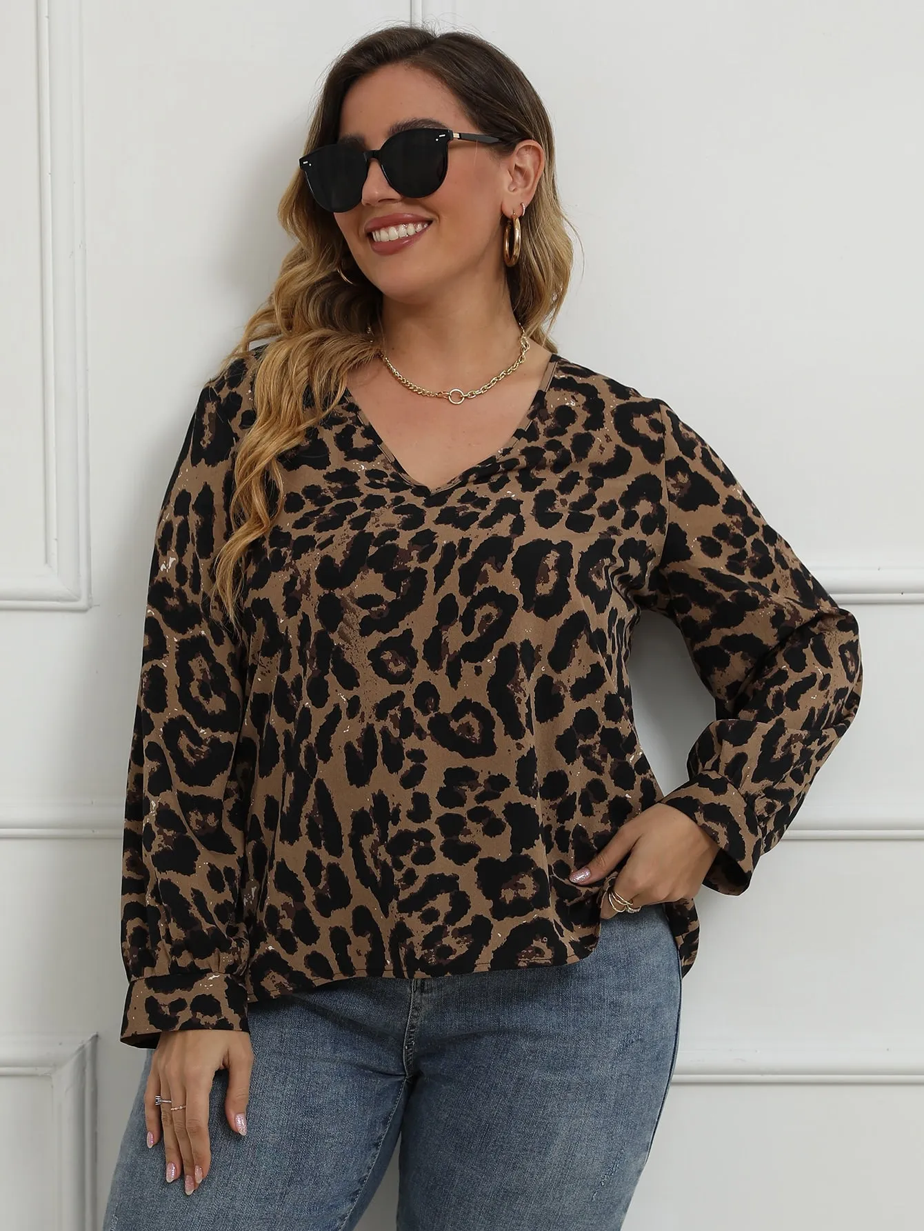 Leopard Contrast Lace Long Sleeve V Neck Regular Plus Size Blouse