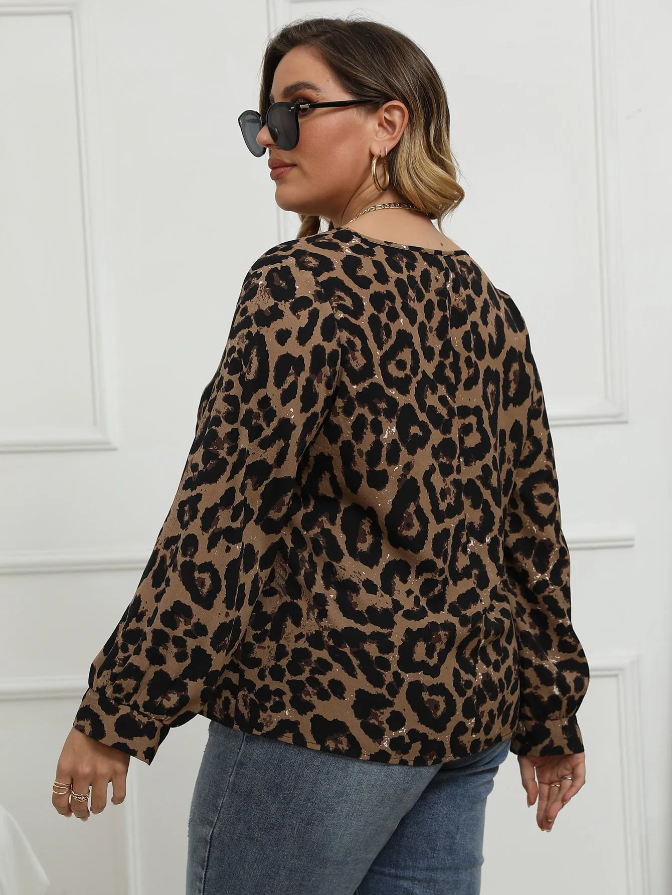Leopard Contrast Lace Long Sleeve V Neck Regular Plus Size Blouse