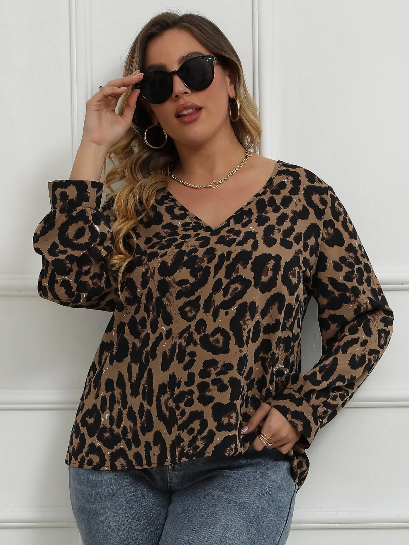 Leopard Contrast Lace Long Sleeve V Neck Regular Plus Size Blouse