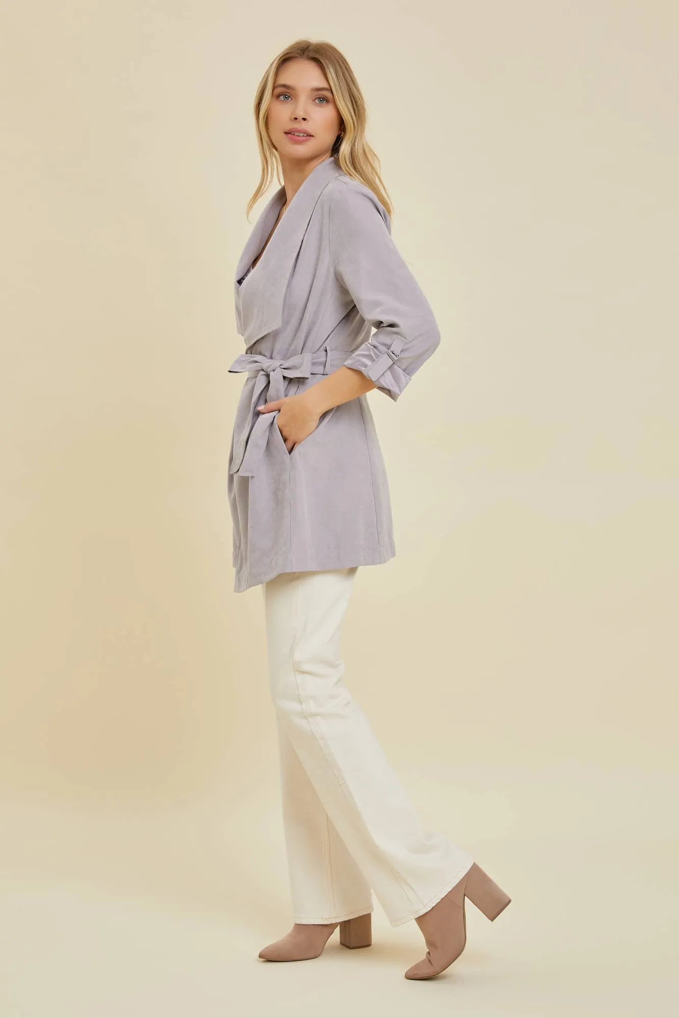 Lighten Up Honey Drape Collar Peachskin Jacket