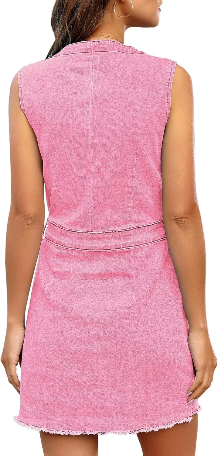 LookbookStore Women Sleeveless V Neck Button Down Frayed Hem Short Denim Dress