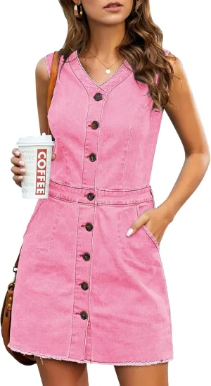 LookbookStore Women Sleeveless V Neck Button Down Frayed Hem Short Denim Dress