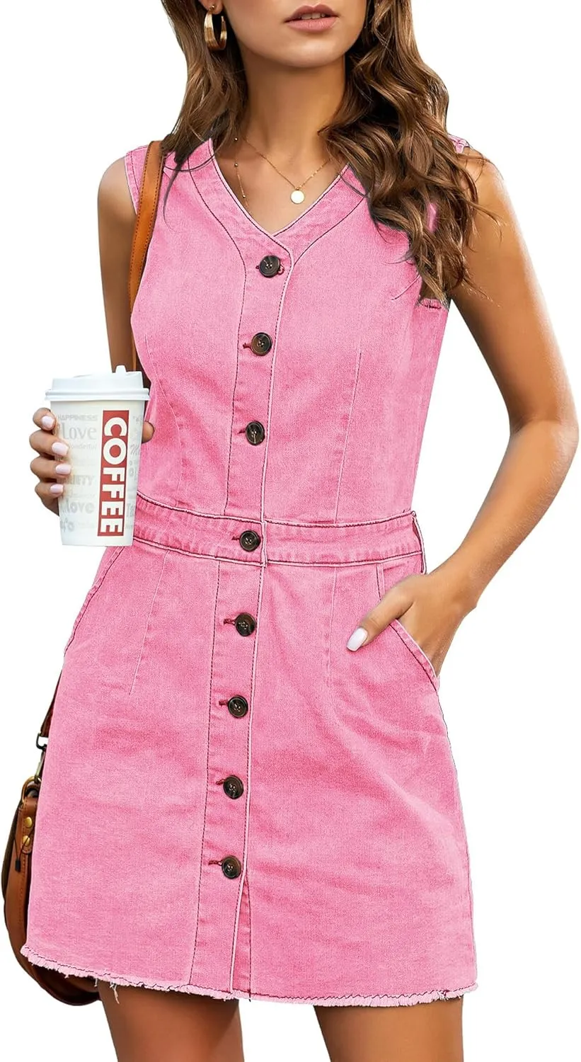 LookbookStore Women Sleeveless V Neck Button Down Frayed Hem Short Denim Dress