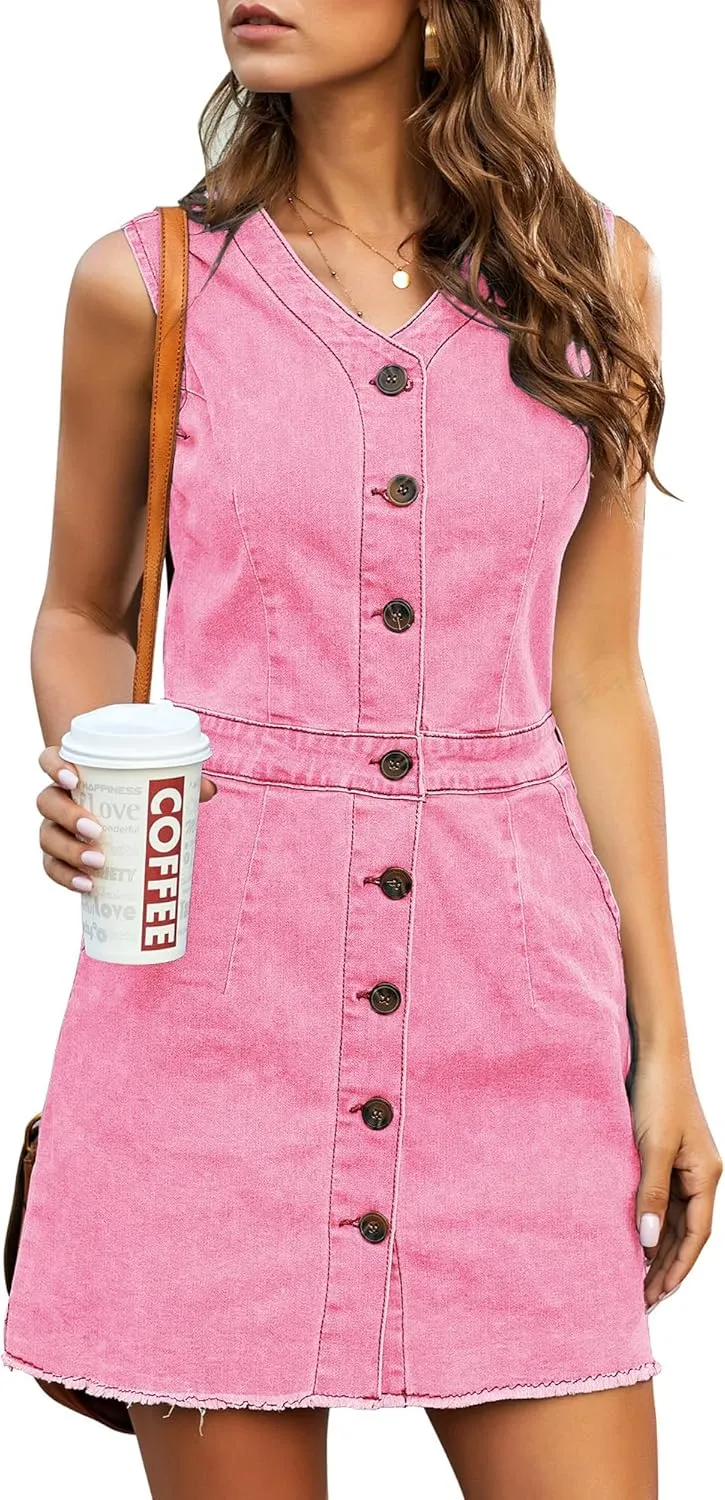 LookbookStore Women Sleeveless V Neck Button Down Frayed Hem Short Denim Dress