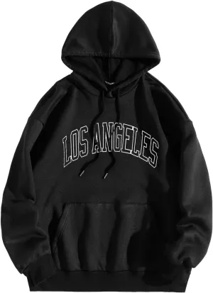 Men's Fleece Pullover Hoodie Los Angeles Hoodies for Men Letter Print Oversized Sweatshirts Pullover Long Sleeve Drawstring Pockets Tops Unisex Clearance