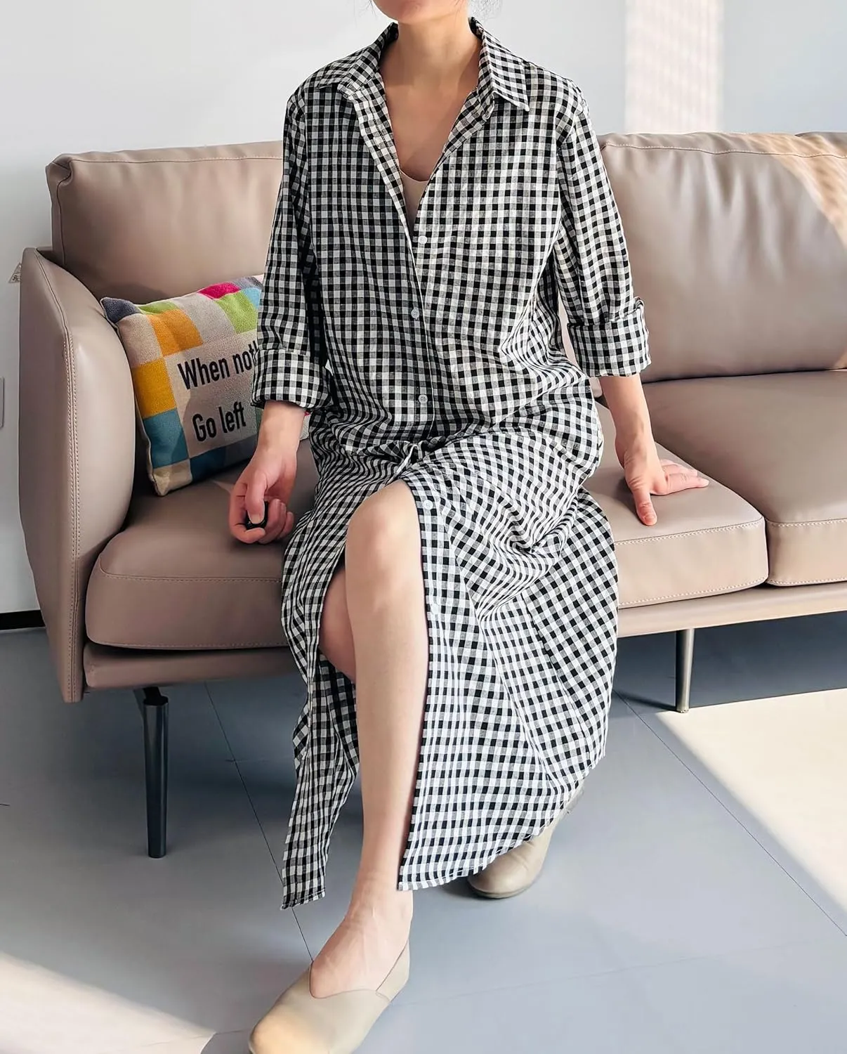 Minibee Women's Plaid Shirts Dress Button Down Long Sleeve Cotton Casual Blouses Dresses with Pockets
