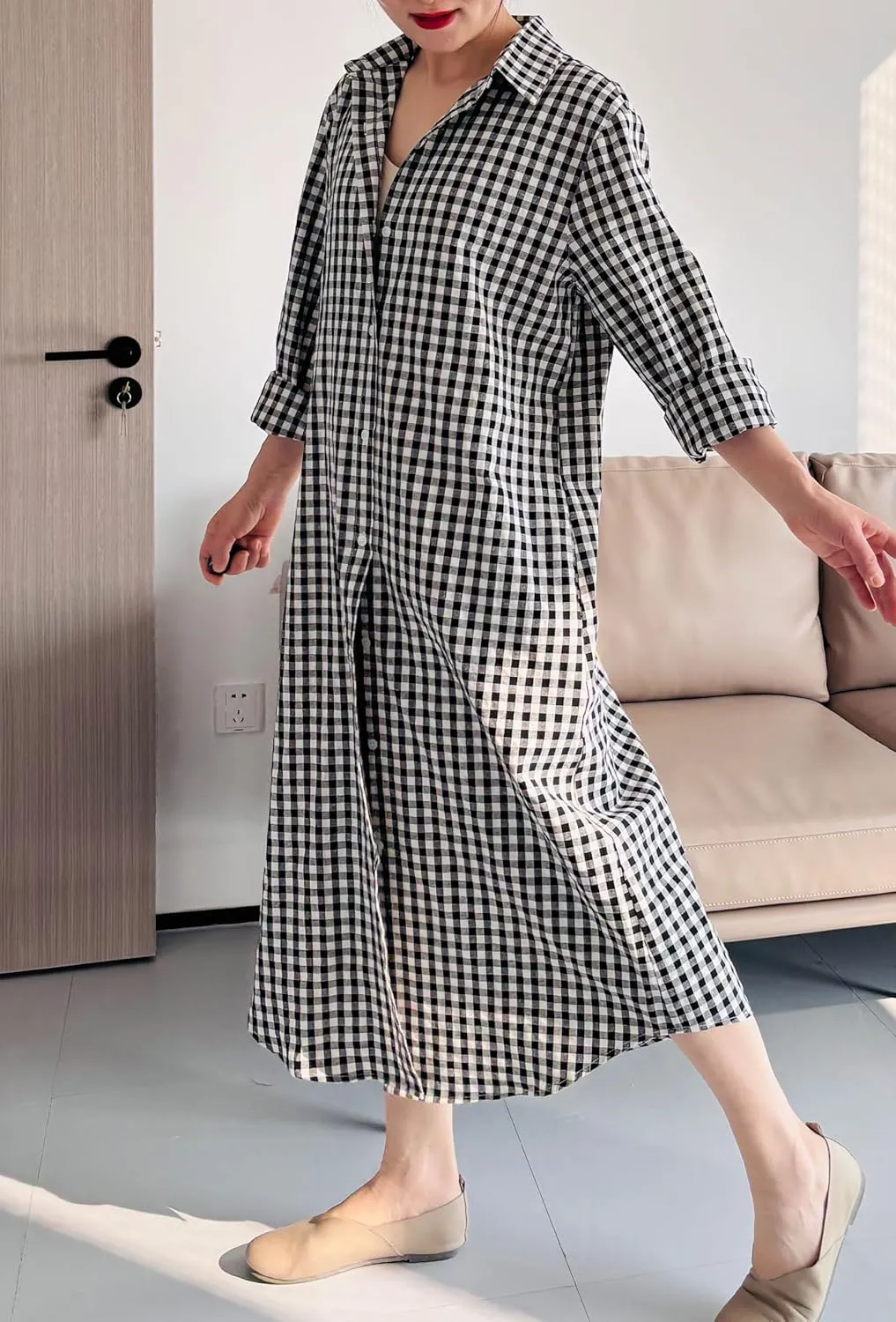 Minibee Women's Plaid Shirts Dress Button Down Long Sleeve Cotton Casual Blouses Dresses with Pockets