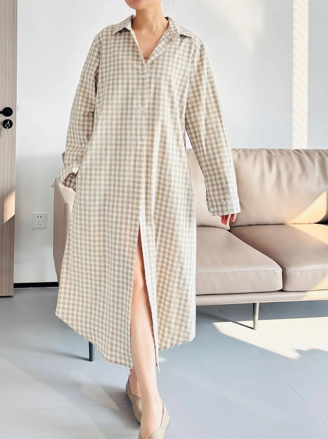 Minibee Women's Plaid Shirts Dress Button Down Long Sleeve Cotton Casual Blouses Dresses with Pockets