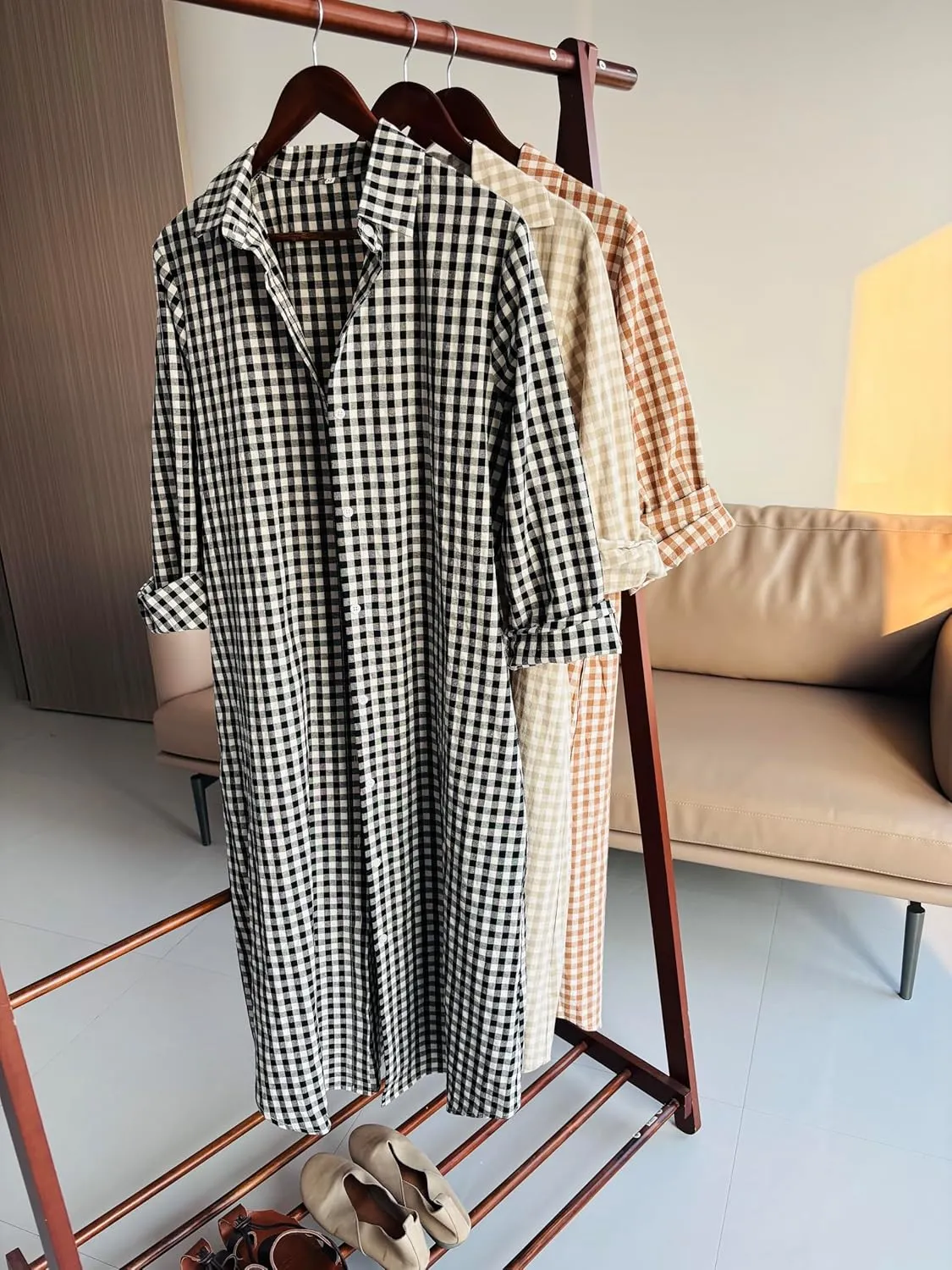 Minibee Women's Plaid Shirts Dress Button Down Long Sleeve Cotton Casual Blouses Dresses with Pockets