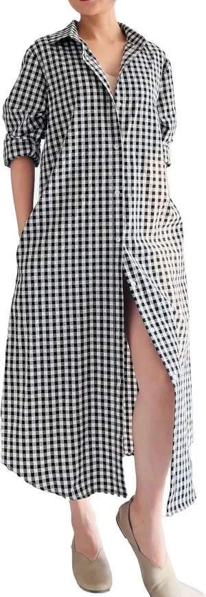 Minibee Women's Plaid Shirts Dress Button Down Long Sleeve Cotton Casual Blouses Dresses with Pockets