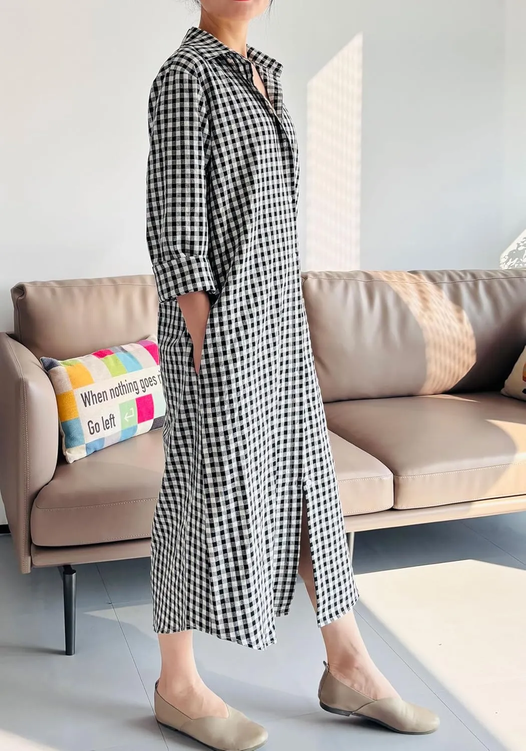 Minibee Women's Plaid Shirts Dress Button Down Long Sleeve Cotton Casual Blouses Dresses with Pockets