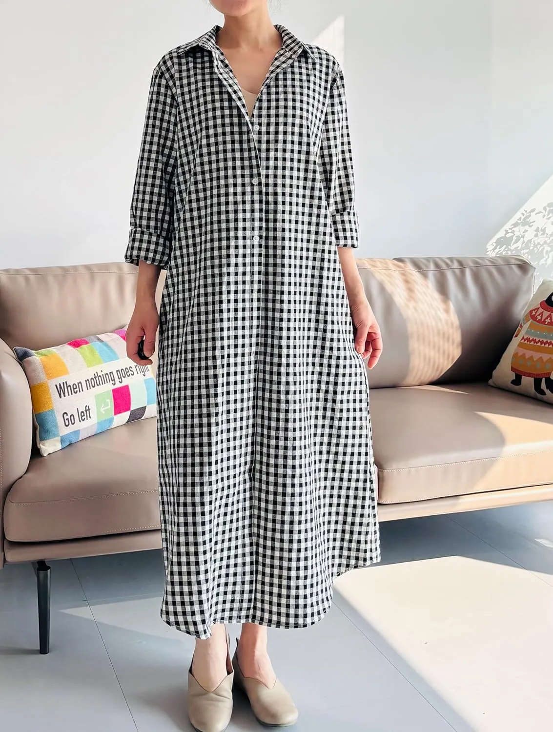 Minibee Women's Plaid Shirts Dress Button Down Long Sleeve Cotton Casual Blouses Dresses with Pockets
