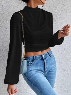 Mock Neck Lantern Sleeve Silk Crop top( CLEARANCE SALE