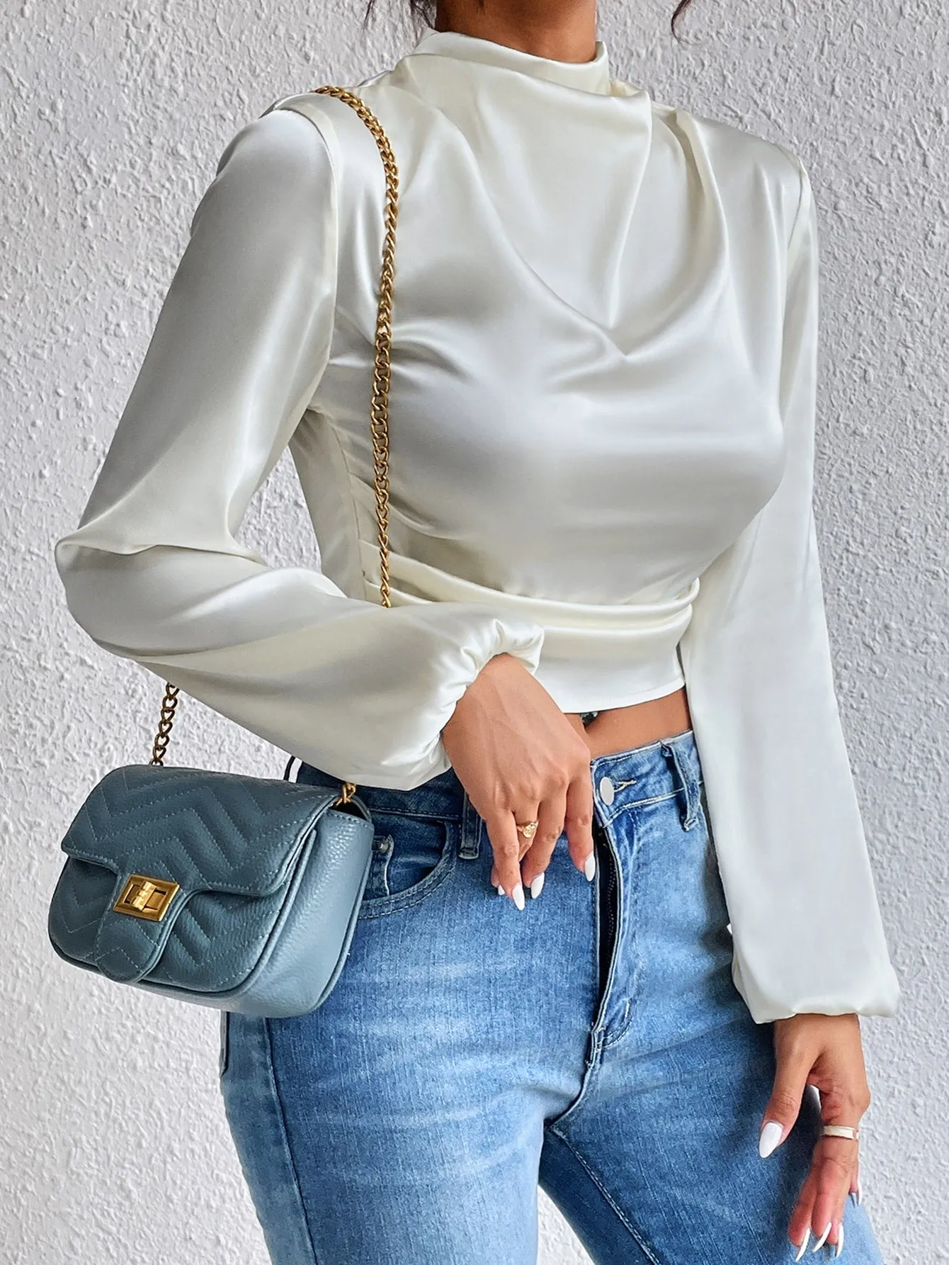 Mock Neck Lantern Sleeve Silk Crop top( CLEARANCE SALE