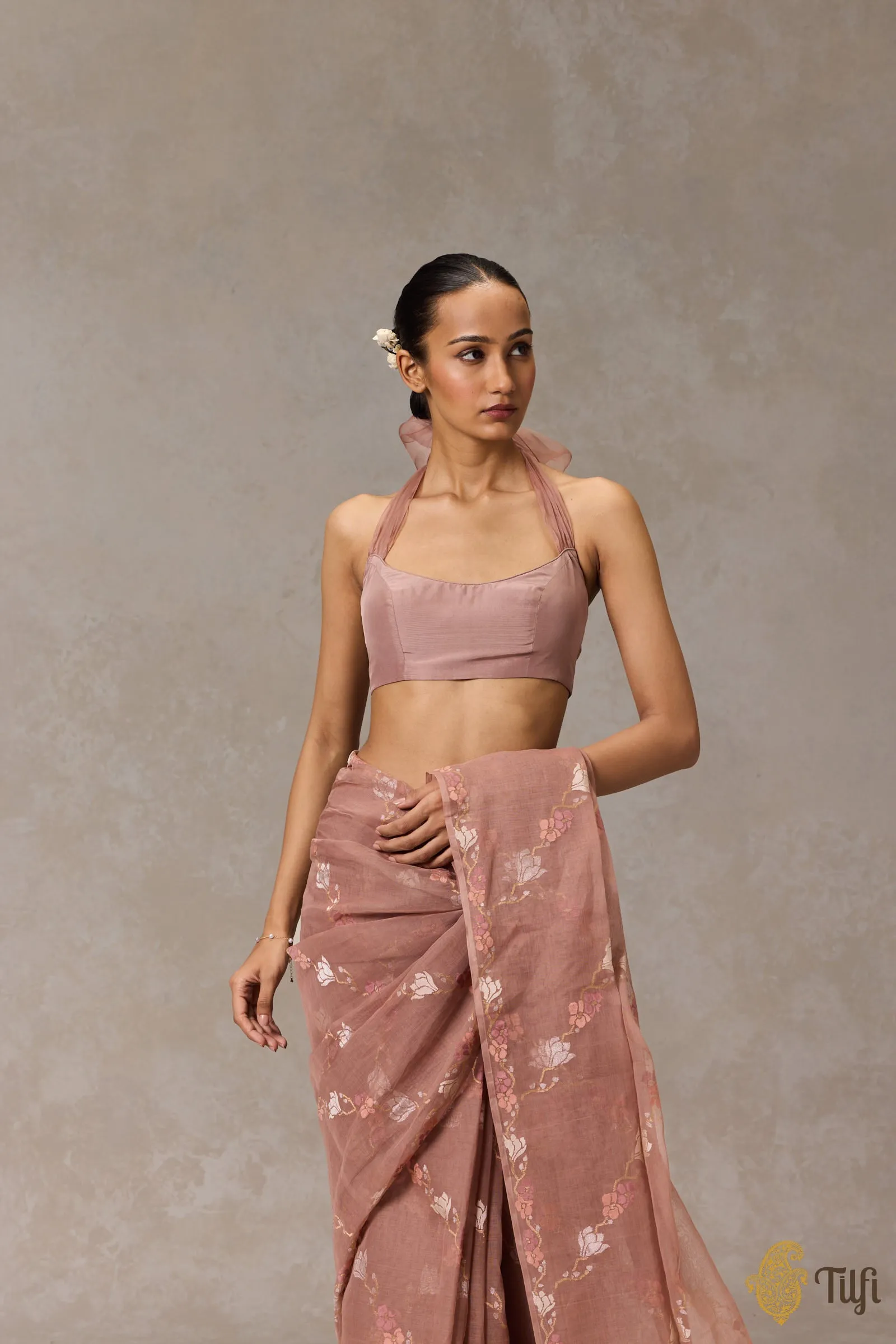Old Rose Pink Pure Silk Organza Bow Blouse