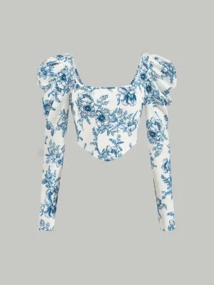 Parien Floral Print Gigot Sleeve Hanky Hem Blouse