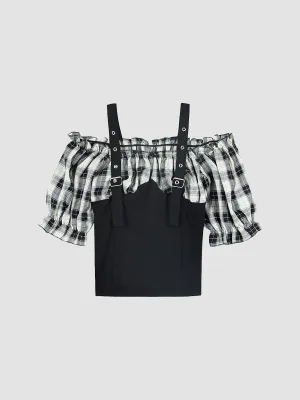 Plaid Shirt Bubble Sleeve Camisole Top