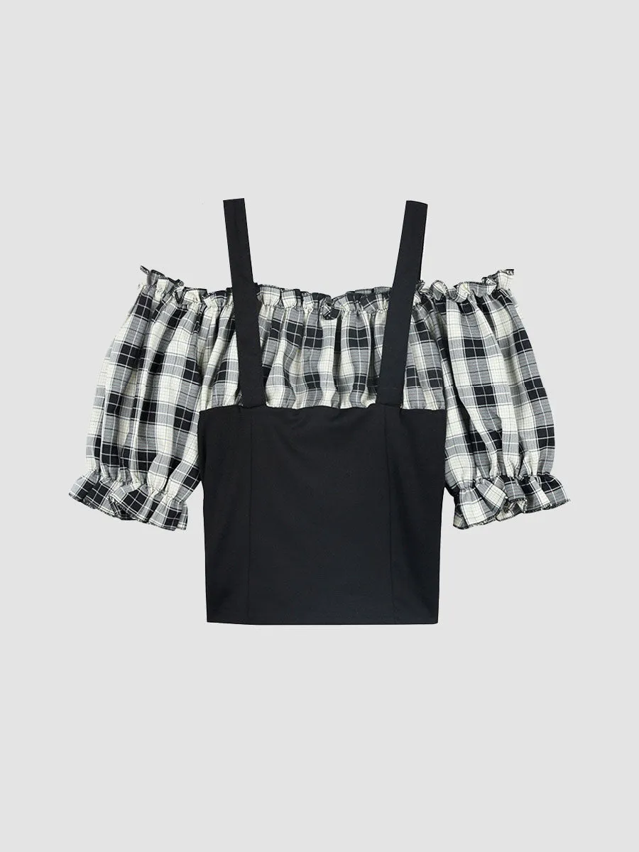 Plaid Shirt Bubble Sleeve Camisole Top
