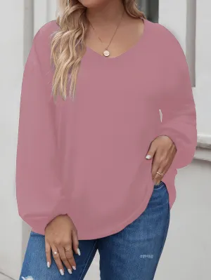 Plain Criss Cross Long Sleeve Scoop Neck Long Plus Size Blouse