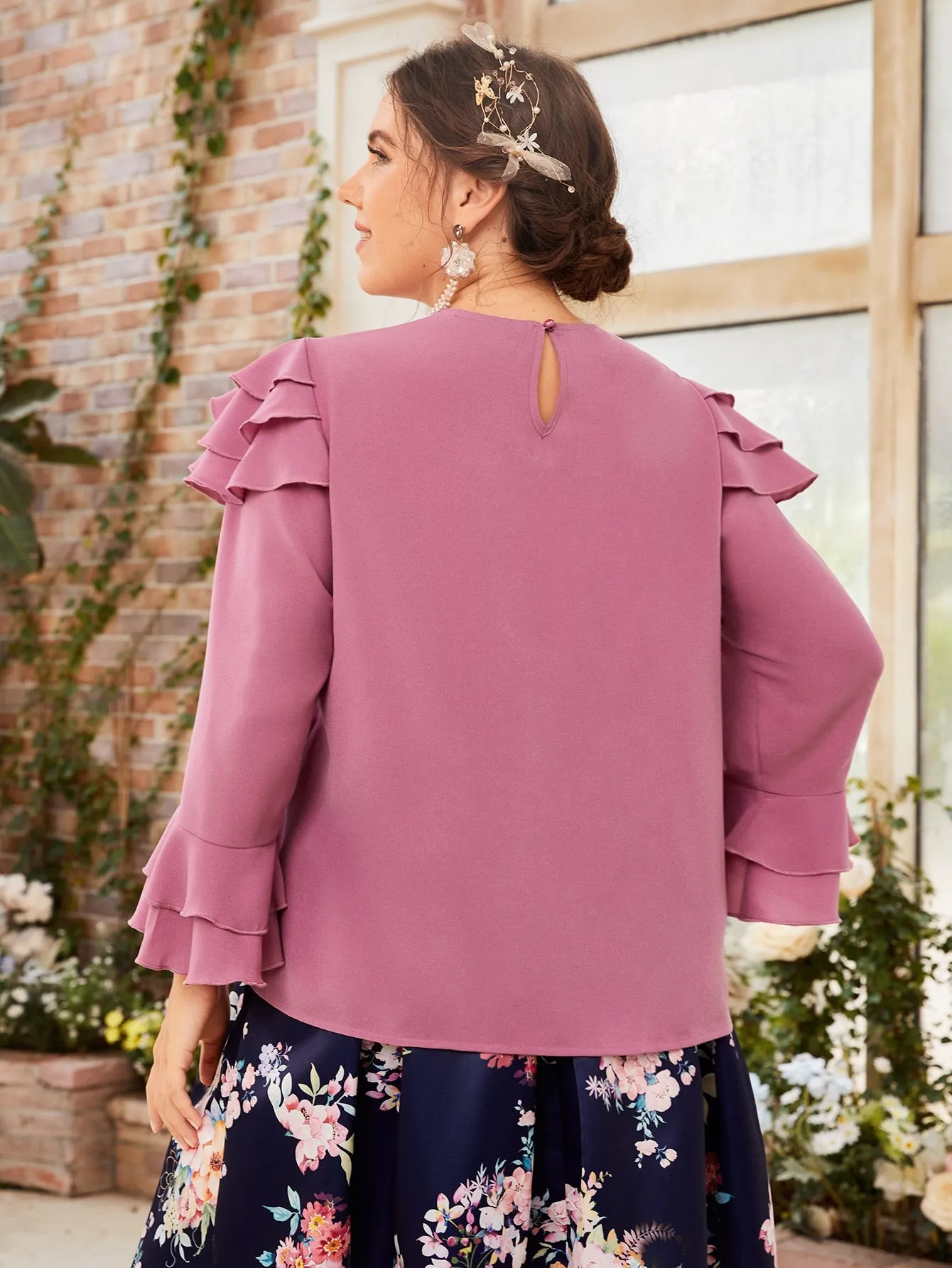 Plain Tiered Layer Long Sleeve Round Neck Regular Plus Size Blouse