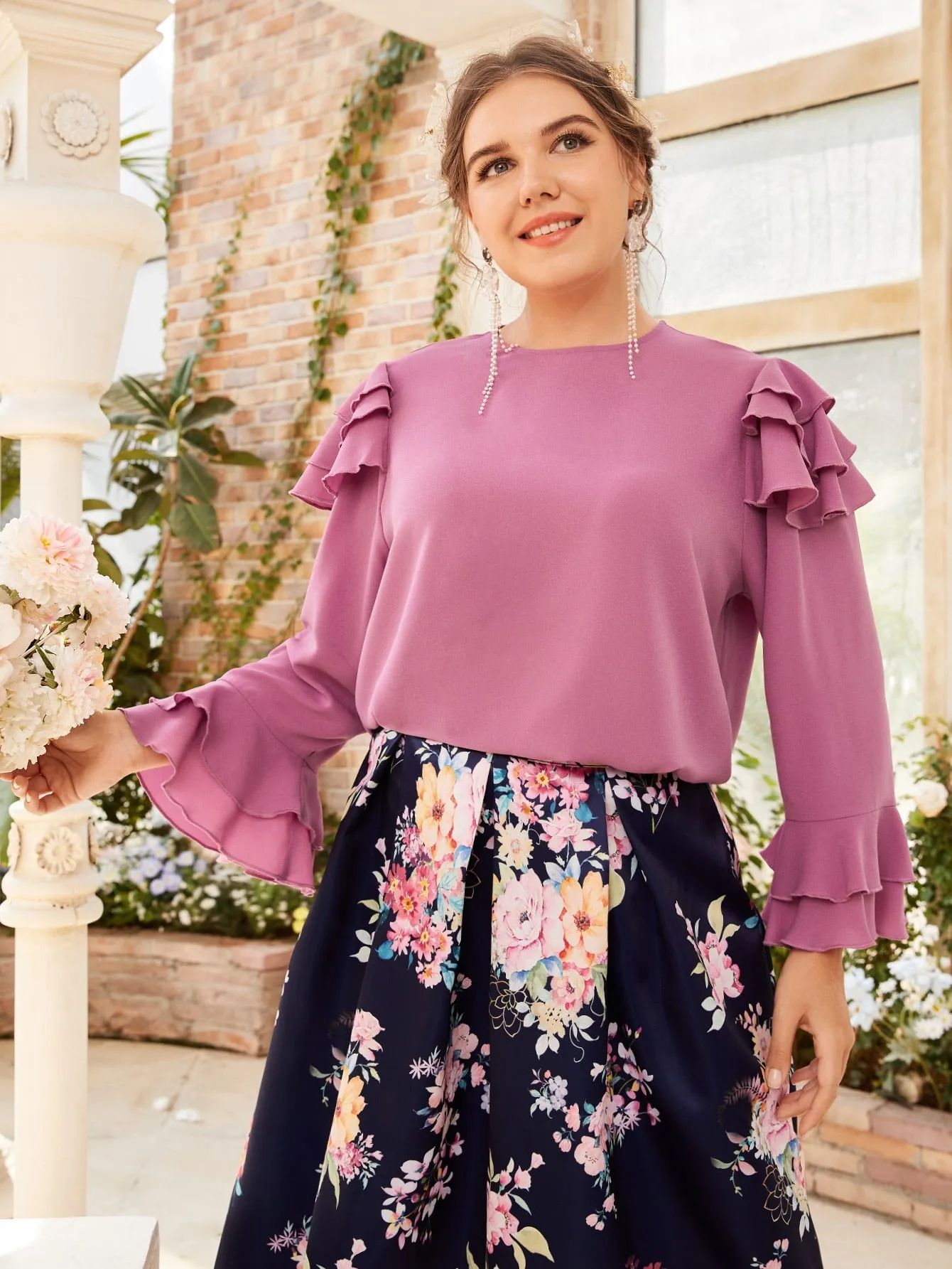 Plain Tiered Layer Long Sleeve Round Neck Regular Plus Size Blouse