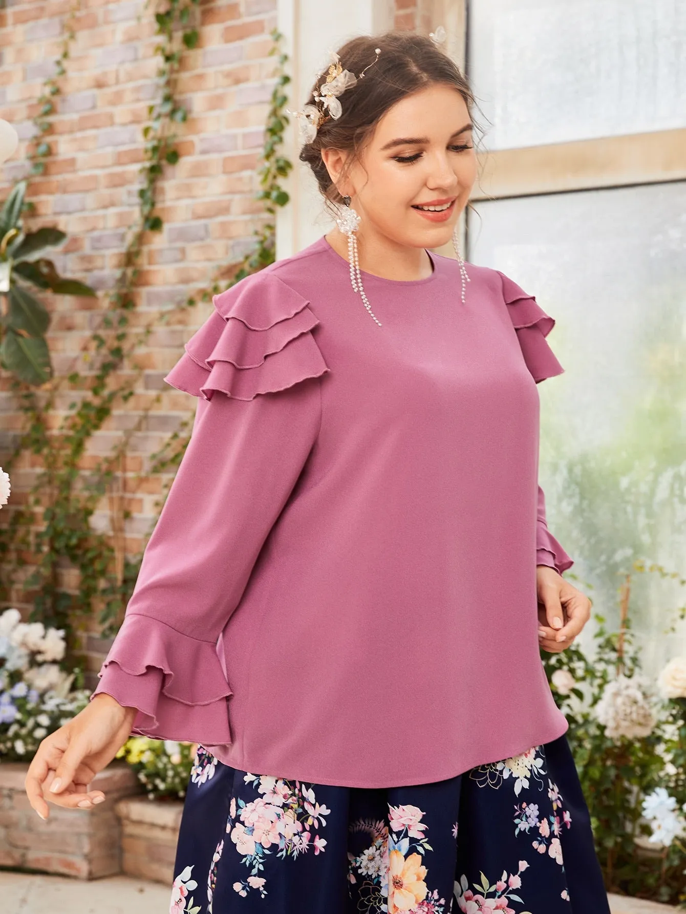 Plain Tiered Layer Long Sleeve Round Neck Regular Plus Size Blouse
