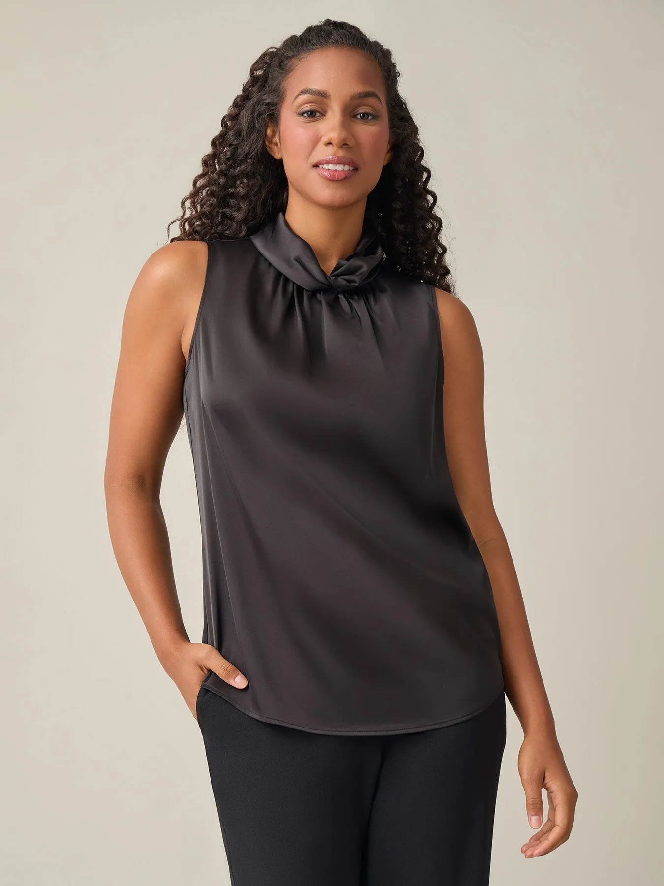 Plus Sleeveless Twist Neck Blouse, Black