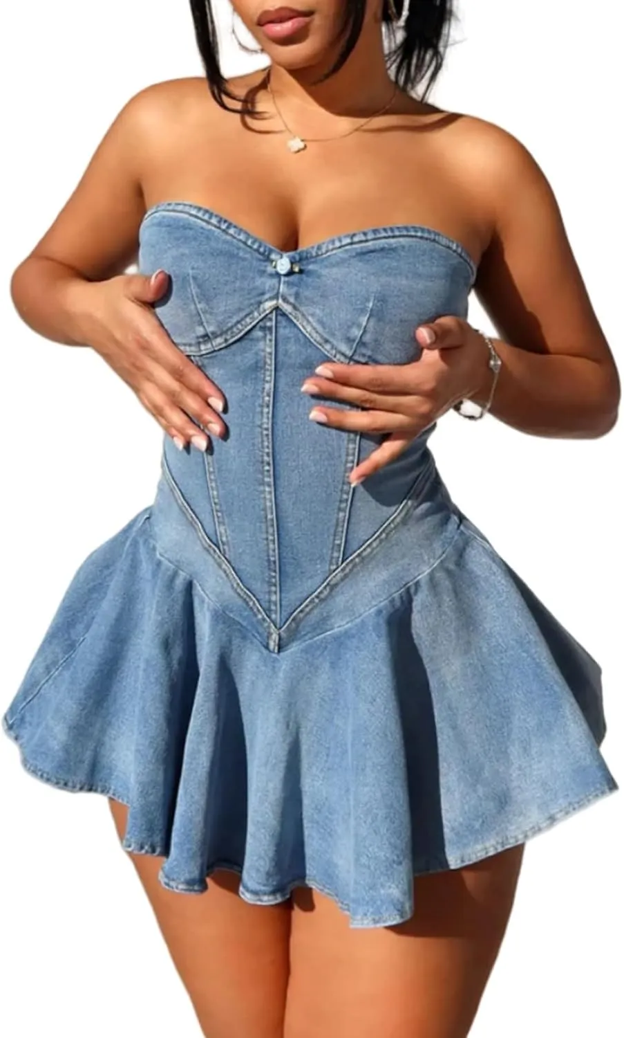 Ptorlio Sexy Tube Womens Denim Mini Dress V Neck Cargo Blue Jean Dresses Going Out Outfits