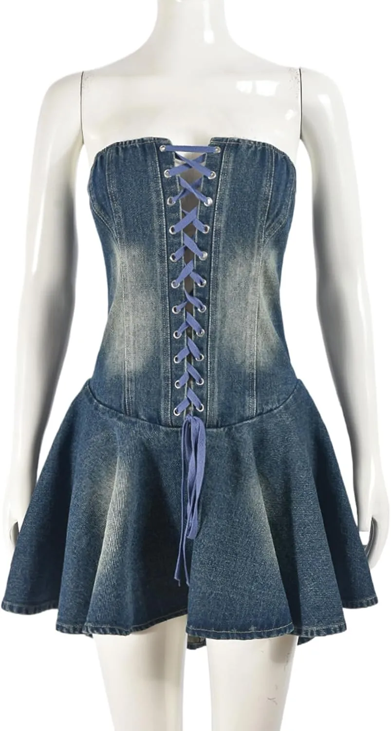 Ptorlio Summer Sexy Denim Mini Dress Strapless Party Club Tube A-line Corset Bandage Short Dresses