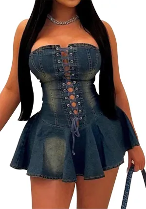 Ptorlio Summer Sexy Denim Mini Dress Strapless Party Club Tube A-line Corset Bandage Short Dresses