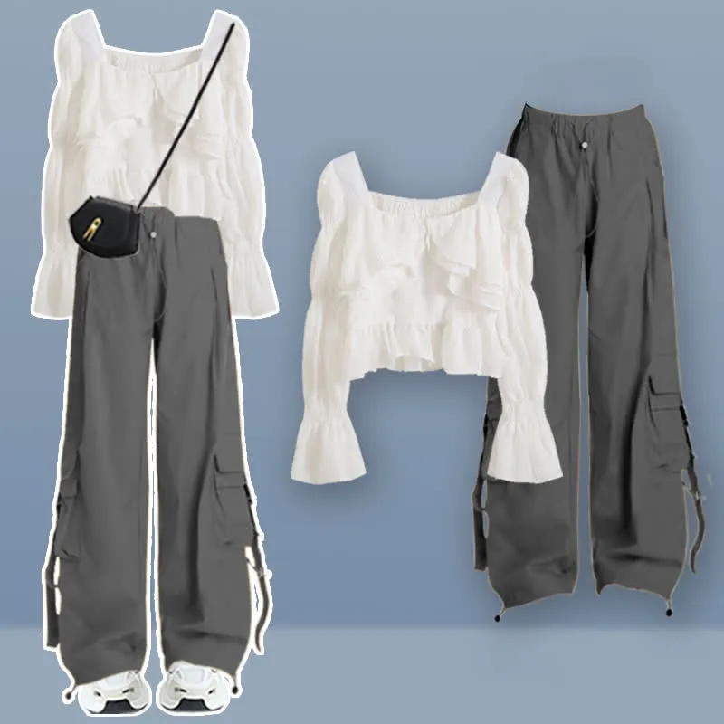 Puff Sleeve Crop Shirt Pocketed Loose Cargo Pants