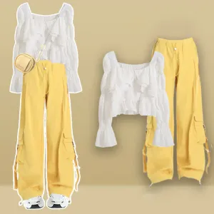 Puff Sleeve Crop Shirt Pocketed Loose Cargo Pants