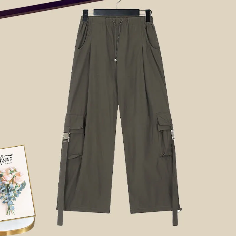 Puff Sleeve Crop Shirt Pocketed Loose Cargo Pants