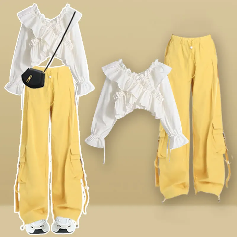 Puff Sleeve Crop Shirt Pocketed Loose Cargo Pants