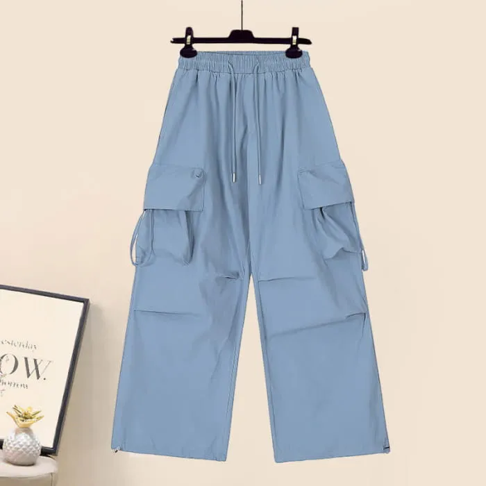 Rabbit Letter Print T-Shirt Pocketed Cargo Pants