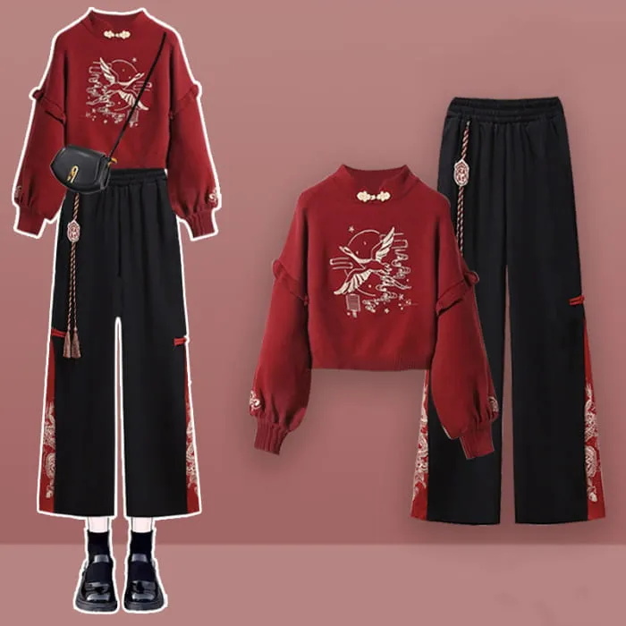 Red Vintage Crane Sweater Hoodie Dragon Pattern Split Pants