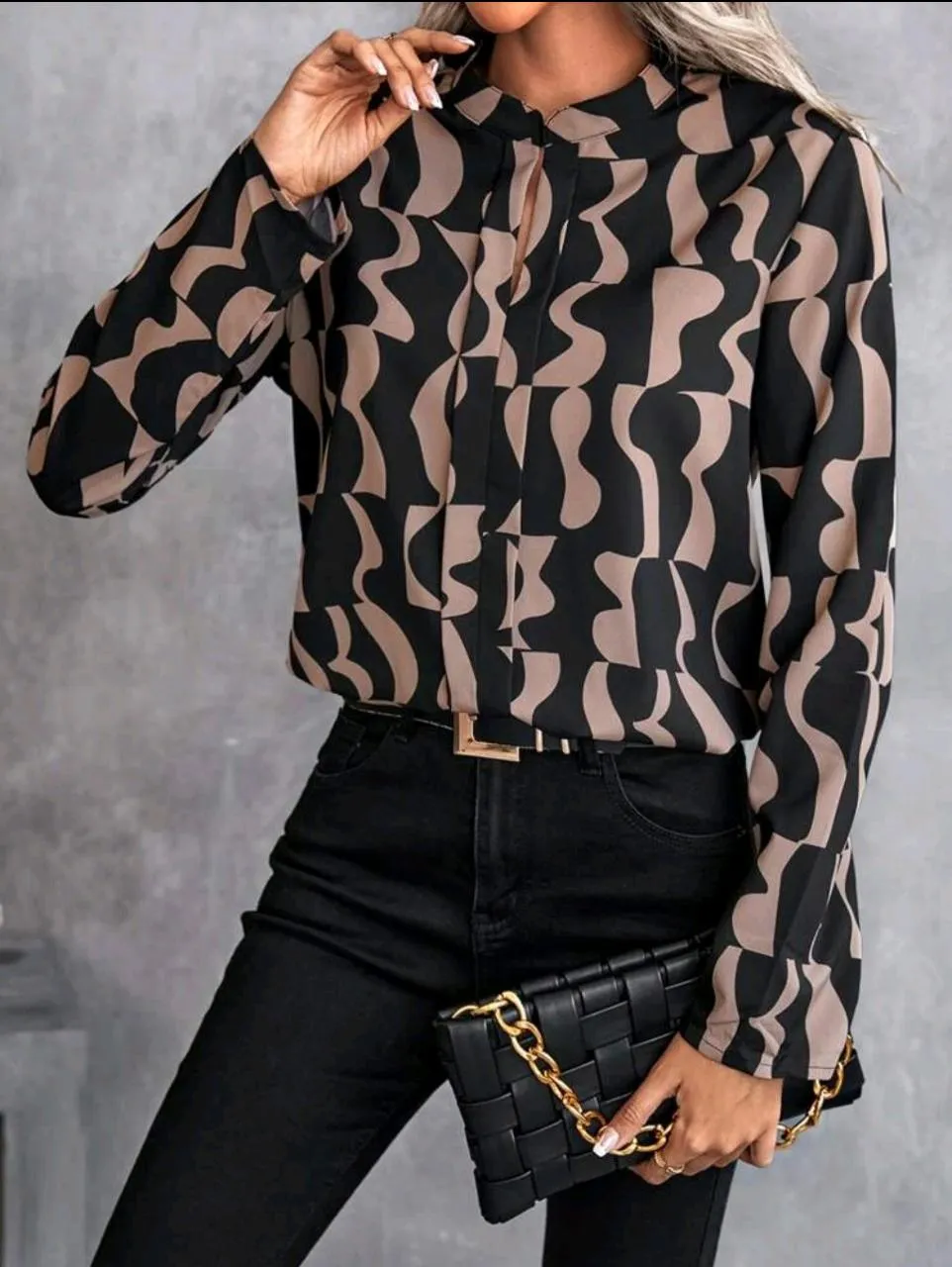 Shein Allover Print Notched Neck Blouse