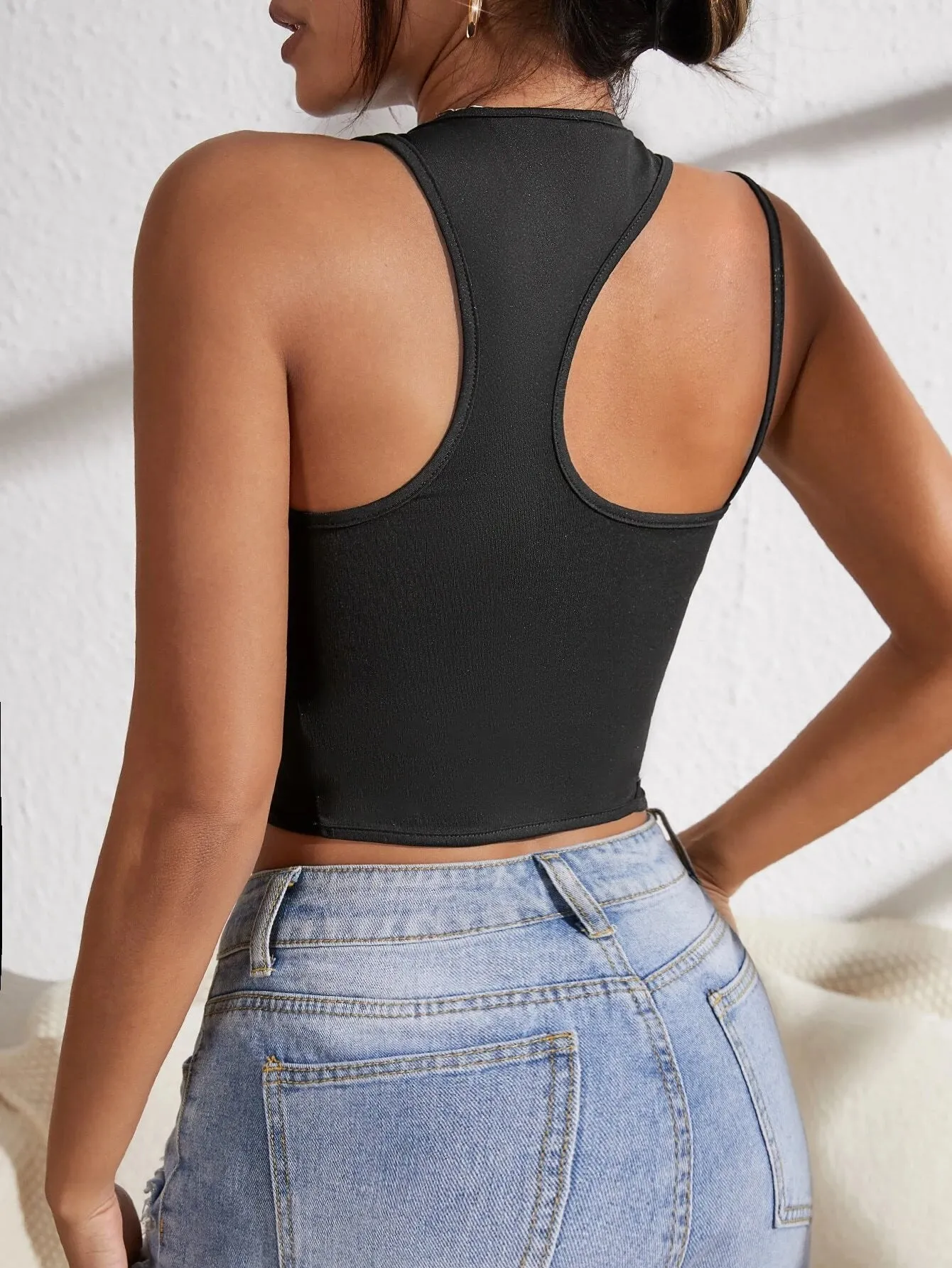 SHEIN Asymmetrical Neck Patch Detail Racerback Crop Top