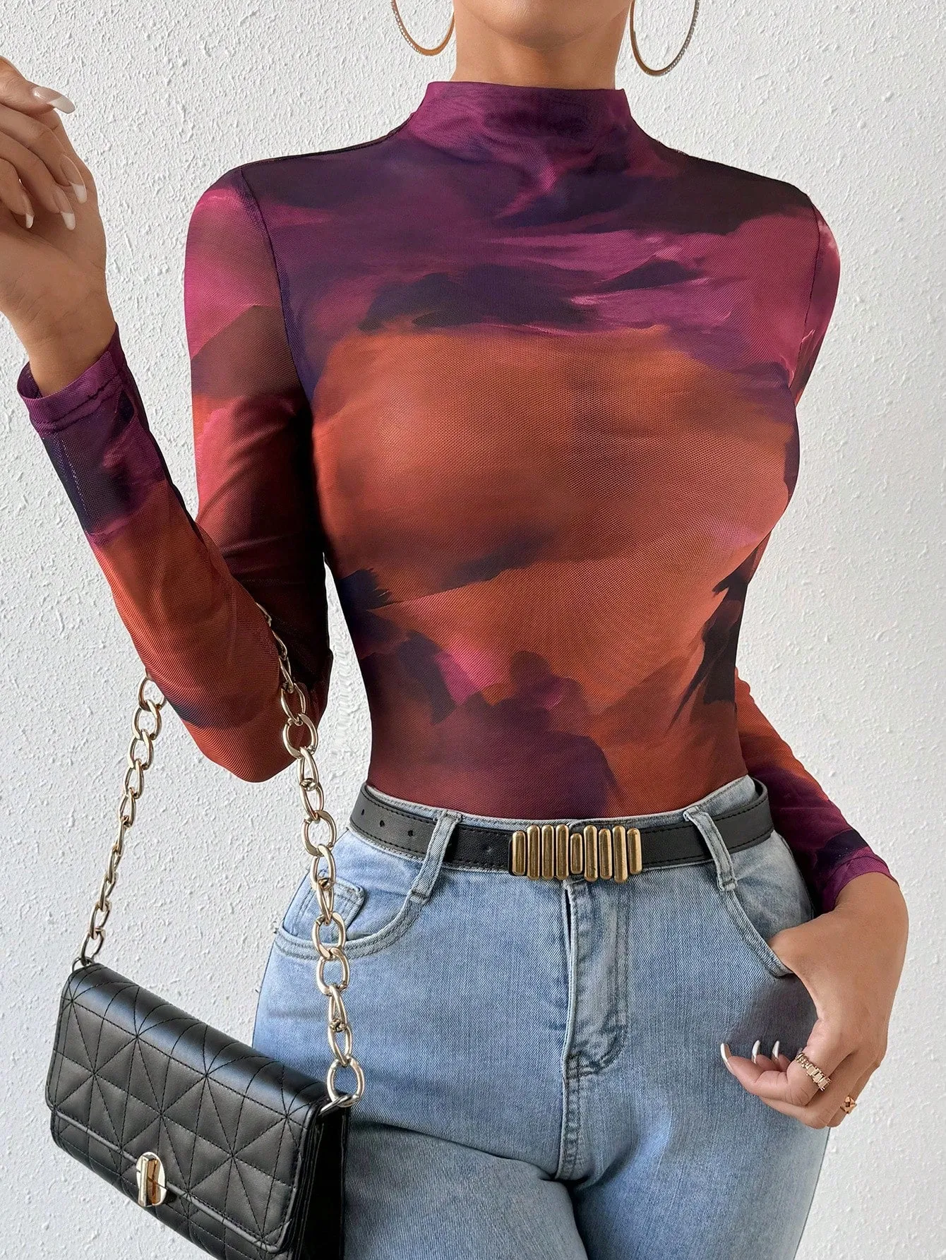 SHEIN BAE Tie Dye Mock Neck Mesh Top