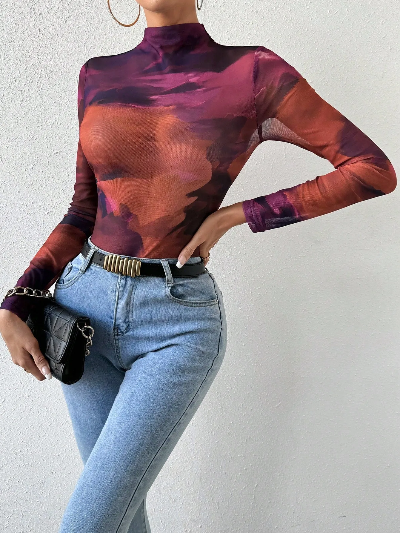 SHEIN BAE Tie Dye Mock Neck Mesh Top