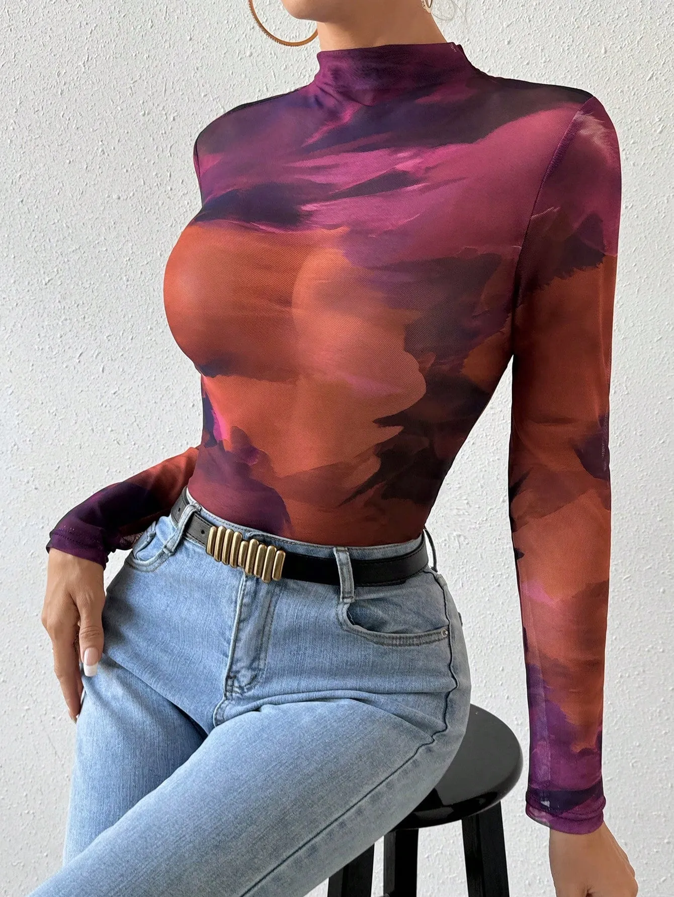 SHEIN BAE Tie Dye Mock Neck Mesh Top