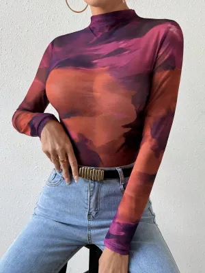 SHEIN BAE Tie Dye Mock Neck Mesh Top