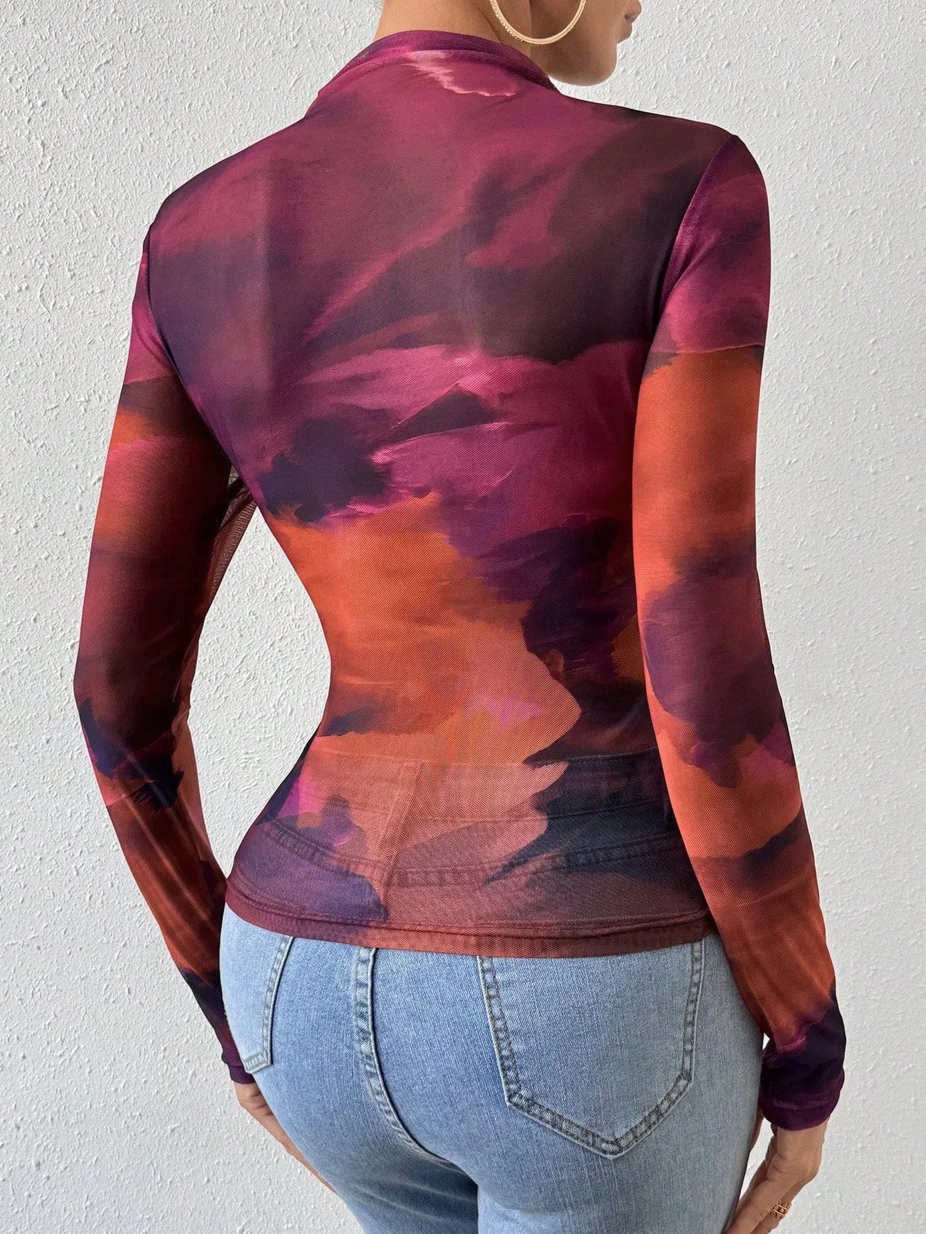 SHEIN BAE Tie Dye Mock Neck Mesh Top