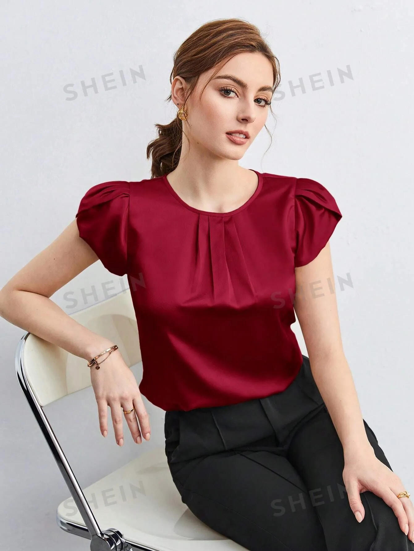 SHEIN BIZwear Solid Petal Sleeve Blouse