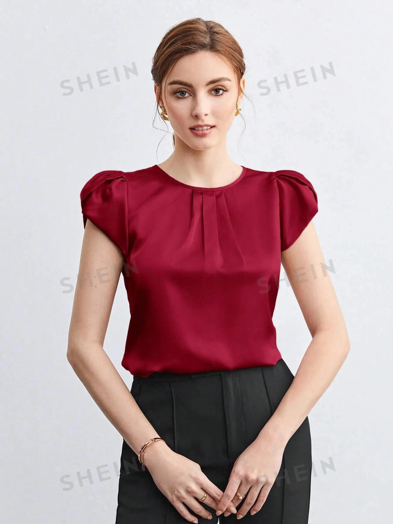 SHEIN BIZwear Solid Petal Sleeve Blouse